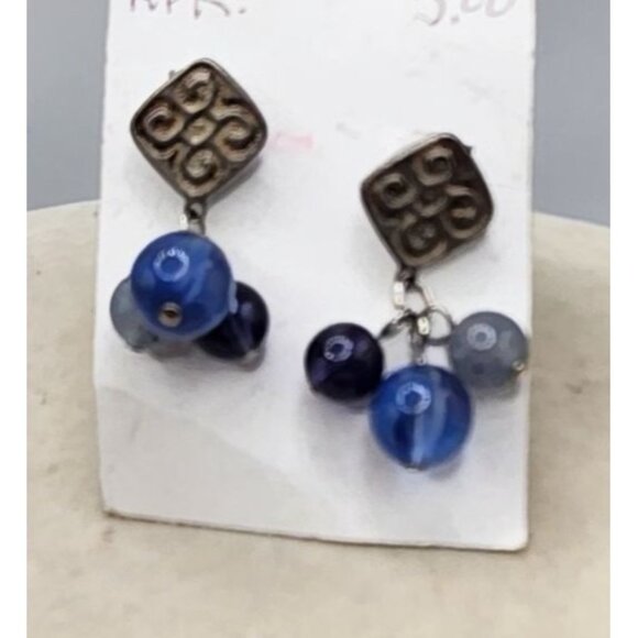 Floret Silver Tone Medallion Blue Bead Charm Dangle Drop Earrings - Picture 2 of 3